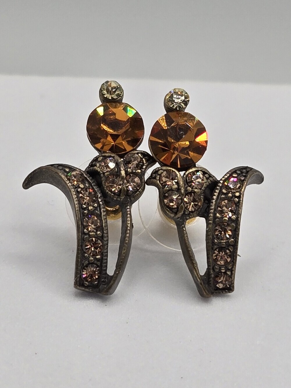Tulip Orange Rhinestone Floral Earrings Gold Tone 1" Vintage Round Cut